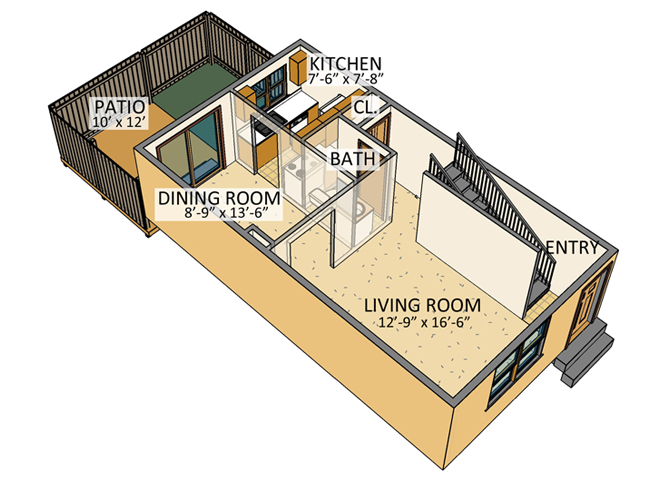 Floor plan for 2 beds, 1.5 baths, 1040 sqft